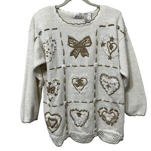 Kathie Lee Vintage Knit Sweater Heart Bow Applique Pearls Beads Sequins 16W